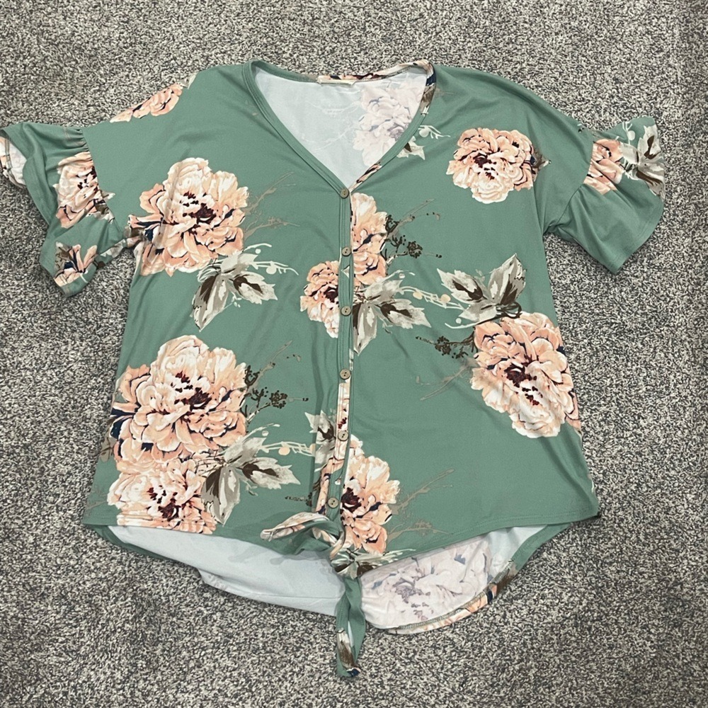 Reborn J‎ Sage Green Floral Button Front Tie Hem Ruffle Sleeve Top Medium